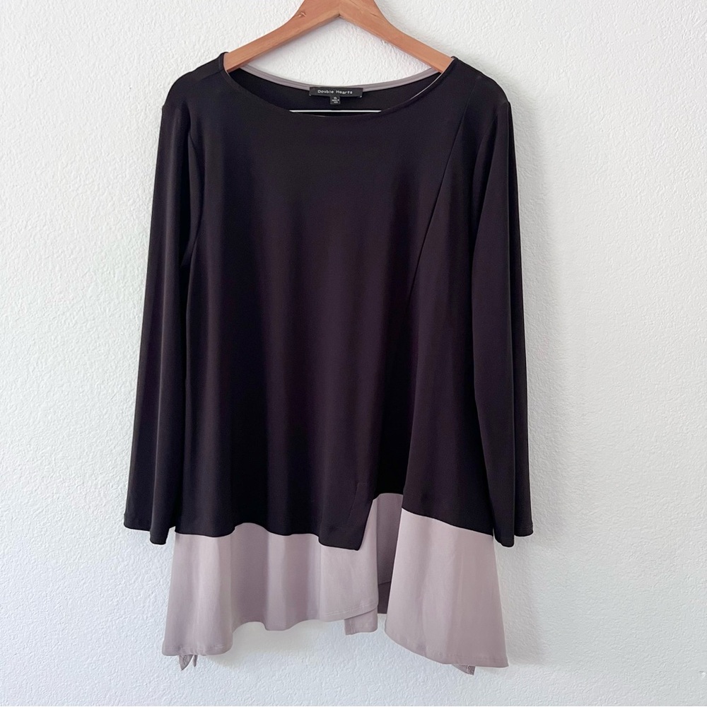 Double Hearts Black Gray Colorblock Contrast Hem Swing Top Sz XL